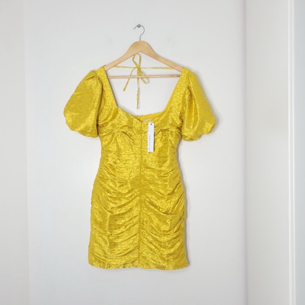 Adelyn Rae Women's Yellow Cocktail Puff Sleeve Jacquard Print Sheath Mini Dress